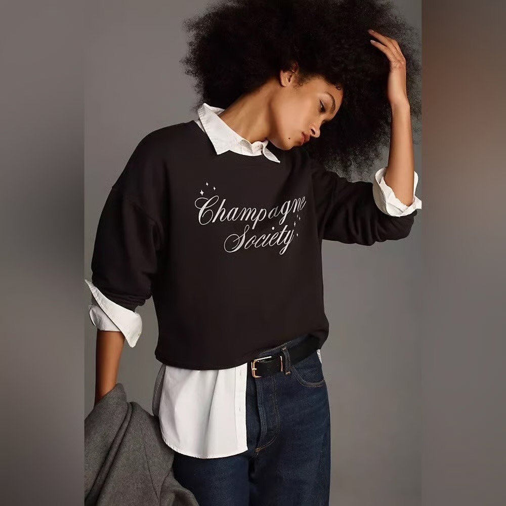 Maeve Anthropologie Champagne Society Graphic Sweatshirt Black S Boxy Oversized
